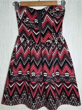 Womens Y2K Strapless Sweetheart Tribal Geo Print Mini Sheer DRESS-XS-80’s VIBE!